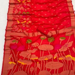 Gratifying Red Khadi Georgette Banarasi Silk Saree With Serendipity Blouse Piece