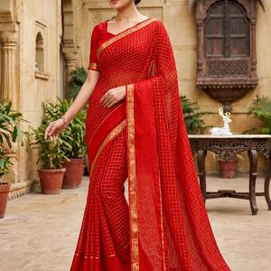 Stylish Red Banarasi Viscose Georgette Silk Saree With Surreptitious Blouse Piece