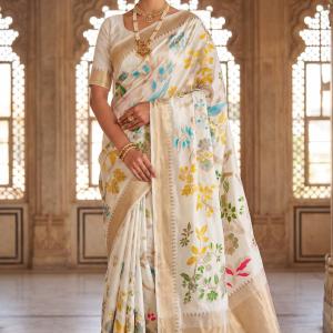 Rhapsodic Beige Khadi Georgette Banarasi Silk Saree With Ethereal Blouse Piece