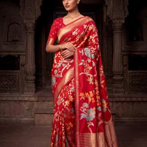 Lassitude Red Khadi Georgette Banarasi Silk Saree With Incomparable Blouse Piece
