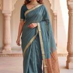 Enthralling Sea Green Cotton Silk Saree With Embellished Blouse Piece