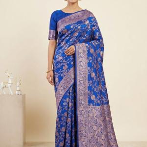 Inimitable Royal Blue Pure Zari Weaving Banarasi Silk Saree With Delectable Blouse Piece