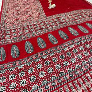 Imbrication Maroon Ajrakh Printed Mirror Work Satin Silk Saree With Evocative Blouse Piece