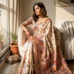 Enamoring Beige Pashmina Silk Saree With Epiphany Blouse Piece