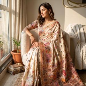 Enamoring Beige Pashmina Silk Saree With Epiphany Blouse Piece