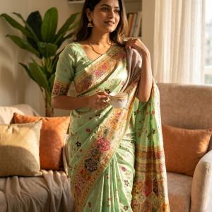 Wonderful Pista Pashmina Silk Saree With Jubilant Blouse Piece