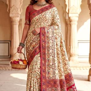 Scrumptious Beige Pashmina Silk Saree With Seraphic Blouse Piece