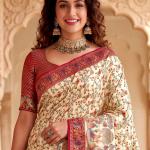 Scrumptious Beige Pashmina Silk Saree With Seraphic Blouse Piece