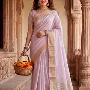 Ineffable Baby Pink Zari Weaving Linen Silk Saree With Blissful Blouse Piece