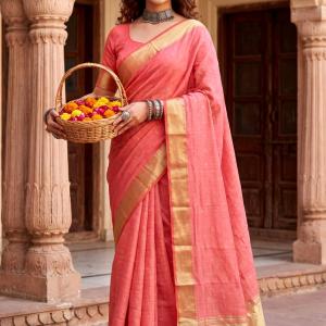 Intricate Peach Zari Weaving Linen Silk Saree With Improbable Blouse Piece