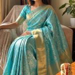 Sophisticated Firozi Kanjivaram Tissue Silk Saree With Scintillating Blouse Piece