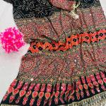 Ravishing Black Ajrakh Printed Mirror Work Satin Silk Saree With Incomparable Blouse Piece