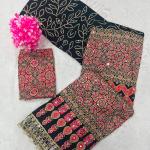 Ravishing Black Ajrakh Printed Mirror Work Satin Silk Saree With Incomparable Blouse Piece