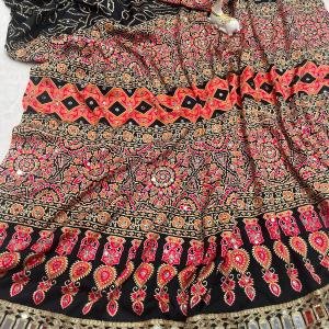 Ravishing Black Ajrakh Printed Mirror Work Satin Silk Saree With Incomparable Blouse Piece