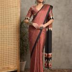 Majesty Pink Ajrakh Printed Satin Silk Saree With Enigmatic Blouse Piece