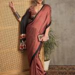 Majesty Pink Ajrakh Printed Satin Silk Saree With Enigmatic Blouse Piece