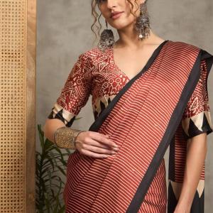 Majesty Pink Ajrakh Printed Satin Silk Saree With Enigmatic Blouse Piece