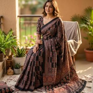 Lissome Black Ajrakh Printed Mirror Work Satin Silk Saree With Inspiring Blouse Piece