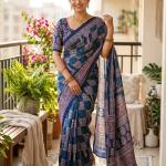 Profuse Blue Ajrakh Printed Mirror Work Satin Silk Saree With Exquisite Blouse Piece