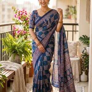 Profuse Blue Ajrakh Printed Mirror Work Satin Silk Saree With Exquisite Blouse Piece