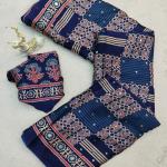 Profuse Blue Ajrakh Printed Mirror Work Satin Silk Saree With Exquisite Blouse Piece