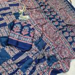 Profuse Blue Ajrakh Printed Mirror Work Satin Silk Saree With Exquisite Blouse Piece