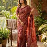Majestic Maroon Ajrakh Printed Mirror Work Satin Silk Saree With Dazzling Blouse Piece