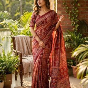 Majestic Maroon Ajrakh Printed Mirror Work Satin Silk Saree With Dazzling Blouse Piece