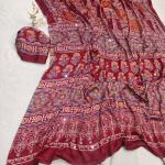 Majestic Maroon Ajrakh Printed Mirror Work Satin Silk Saree With Dazzling Blouse Piece