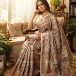 Ornate Beige Dola Pashmina Saree With Prominent Blouse Piece