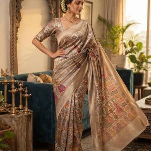 Ornate Beige Dola Pashmina Saree With Prominent Blouse Piece