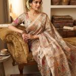 Ornate Beige Dola Pashmina Saree With Prominent Blouse Piece
