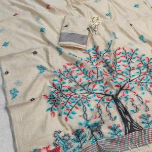 Vivacious Beige Pure Munga Cotton Silk Saree With Breathtaking Blouse Piece