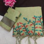 Fantabulous Pista Pure Munga Cotton Silk Saree With Marvellous Blouse Piece
