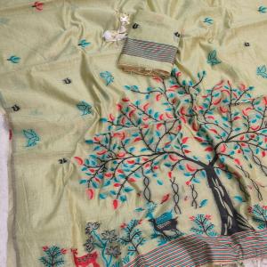 Fantabulous Pista Pure Munga Cotton Silk Saree With Marvellous Blouse Piece