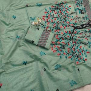 Diaphanous Turquoise Pure Munga Cotton Silk Saree With Glamorous Blouse Piece