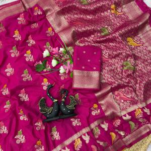 Innovative Dark Pink Banarasi Khadi Silk Saree With Adoring Blouse Piece