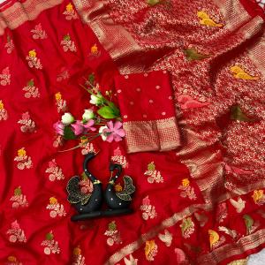 Tremendous Red Banarasi Khadi Silk Saree With Vibrant Blouse Piece