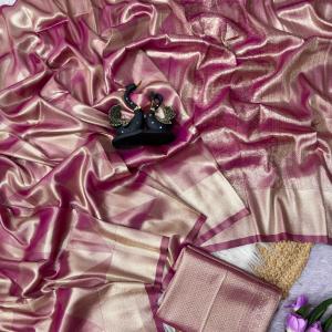 Luminous Dark Pink Banarasi Tissue Silk Saree With Alluring Blouse Piece