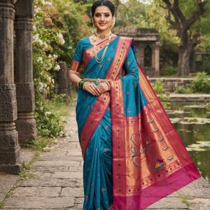 Elision Blue Paithani Silk Saree With Sonorous Blouse Piece