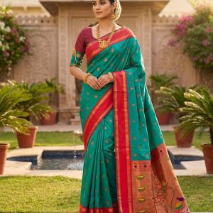 Mellifluous Rama Paithani Silk Saree With Staggering Blouse Piece