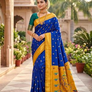 Super classy Royal Blue Paithani Silk Saree With Stunning Blouse Piece
