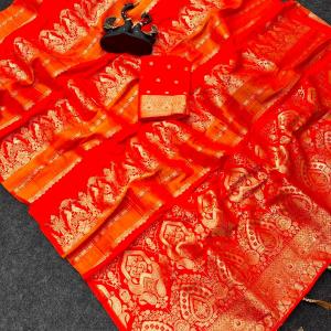 Gratifying Orange Banarasi Khadi Silk Saree With Pretty Blouse Piece