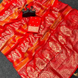 Fragrant Red Banarasi Khadi Silk Saree With Ornate Blouse Piece