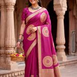Grandiose Dark Pink Banarasi Khadi Silk Saree With Verdant Blouse Piece