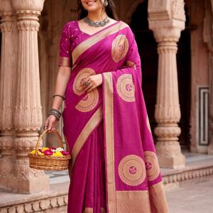 Grandiose Dark Pink Banarasi Khadi Silk Saree With Verdant Blouse Piece