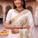 Scrumptious Off White Banarasi Khadi Silk Saree With Scrupulous Blouse Piece