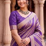 Unique Purple Banarasi Khadi Silk Saree With Eloquence Blouse Piece