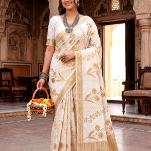 Nectarous Off White Banarasi Khadi Silk Saree With Designer Blouse Piece