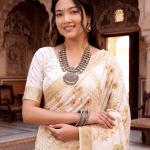 Nectarous Off White Banarasi Khadi Silk Saree With Designer Blouse Piece